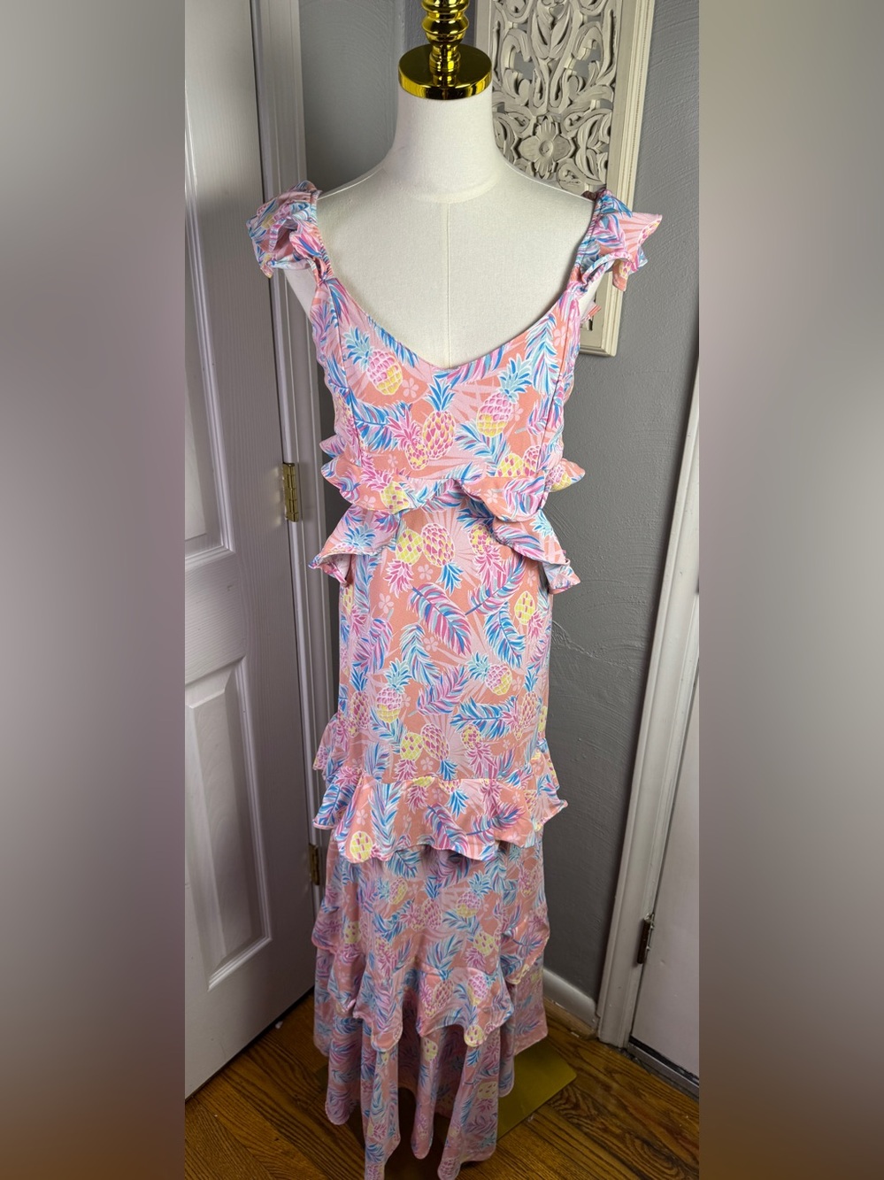 Simply Southern Pineapple Ruffle Maxi Dress Large Tropical Resort Cruise Pink - Picture 3 of 13